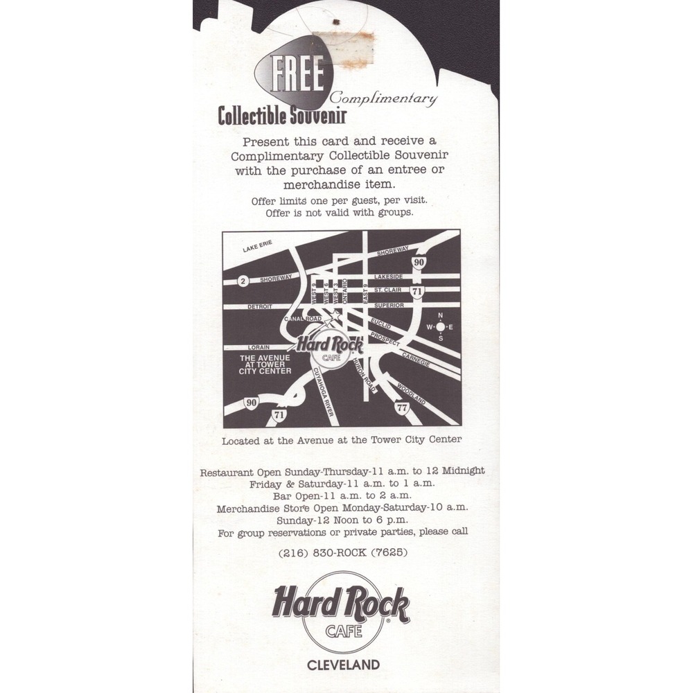 Hard Rock Cafe Cleveland Classic Guitar Souvenir Card Map Tower City Center - Picture 2 of 2